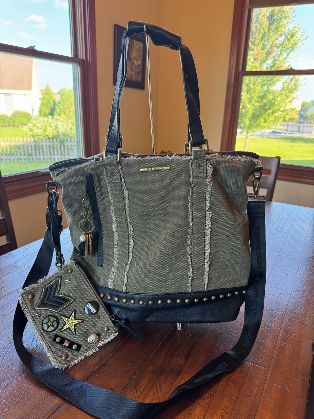 Steve Madden Olive Green Canvas Tote Bag with Black Trim and Stud Accents
